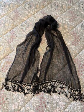 Black Sheer beaded Fringe Scarf - Women Accessories